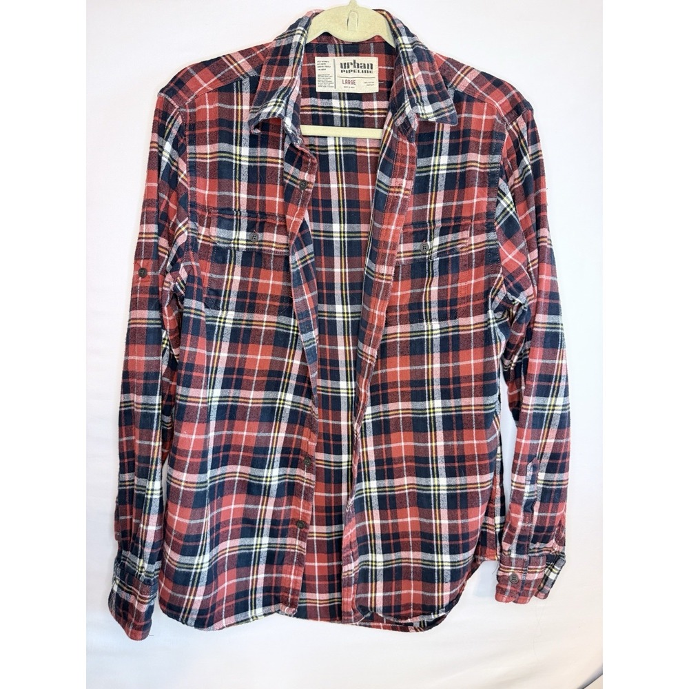 Urban Pipeline Shirt Mens Large Red Plaid Button Down Cotton Flannel Casual